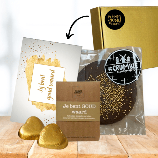 Box verpakt in een gouden brievenbusdoosje met sticker 'Je bent goud waard!'.
Inhoud:
Crumble stroopwafel met chocolade en goud decoratie
Kleurkracht Té 'Je bent GOUD waard!'
2x Melkchocolade hartje in goudverpakking
A6 kaartje 'Jij bent goud waard'