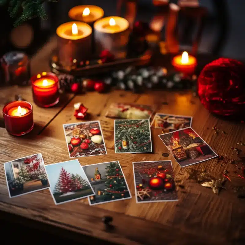 DOSSer_a_bunch_of_christmascards_on_a_table__topdown_shot__wood_6249d509-839d-4fa8-b9a6-18c3eb920ff1-800x800 - More Than Gifts Prachtige kerstfoto's