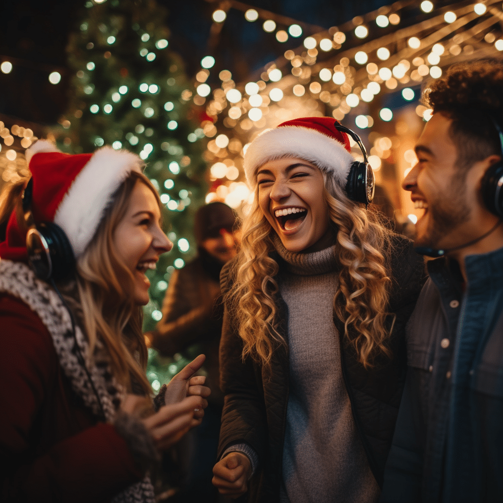 DOSSer_a_group_of_people_in_a_silent_disco__they_are_laughing_a_29bf53db-71be-41af-84c5-d4f1a354b755 - More Than Gifts Silent disco tijdens een kerstmarkt