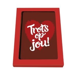 Valentijnsdag geschenk: Chocoladetablet hart met de tekst trots op jou!