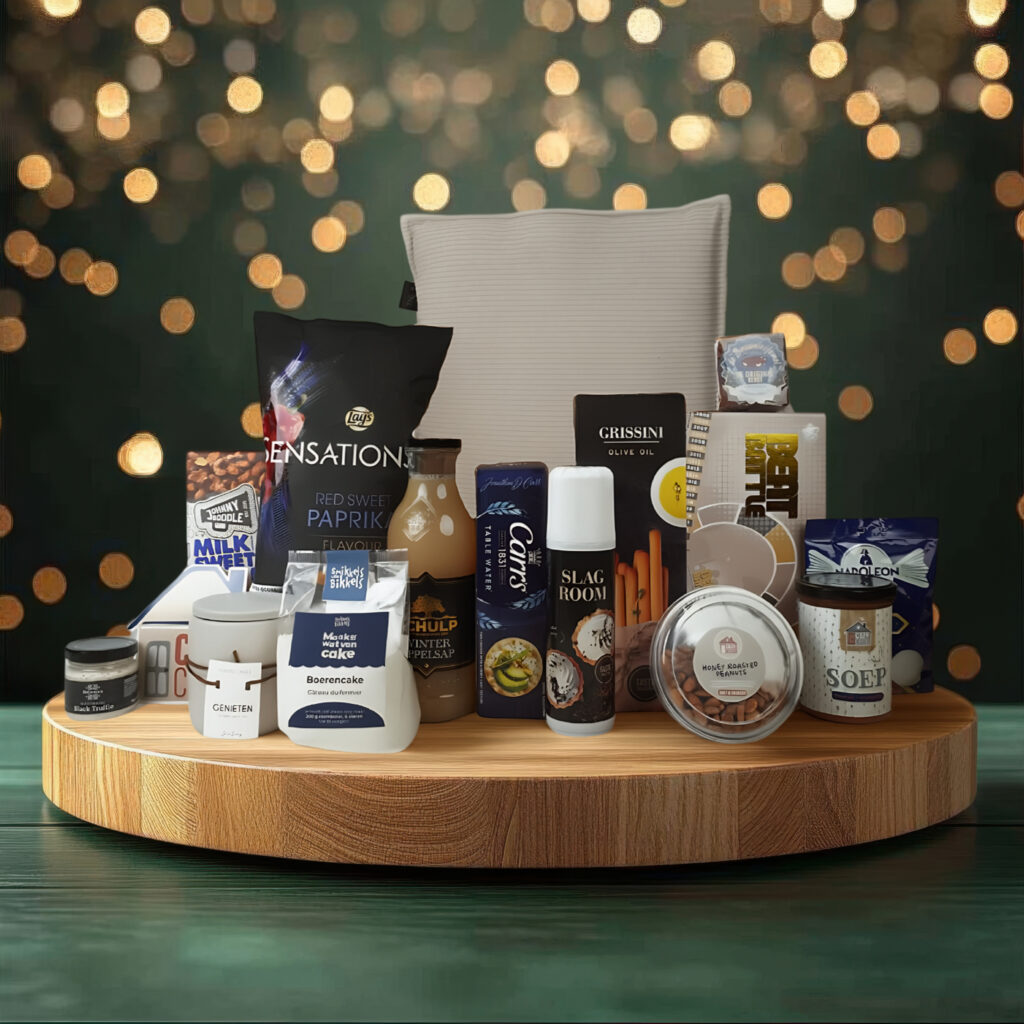 Elegant Wooden Round Platform with Festive Bokeh Background Perfect for Product Display or Holiday Presentation - More Than Gifts Verantwoorde kerstpakketten