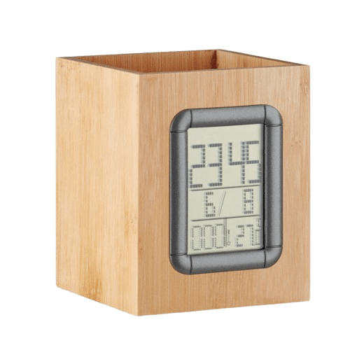 Bamboe pennenbak met LCD klok