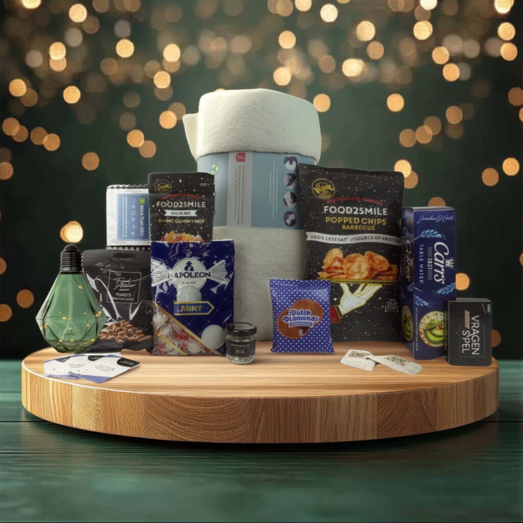 Elegant Wooden Round Platform with Festive Bokeh Background Perfect for Product Display or Holiday Presentation - More Than Gifts Comfort & Fun kerstpakket